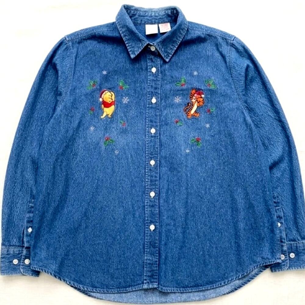 Vtg Disney Winnie the Pooh Tigger Christmas Denim Shirt Sparkle Metallic XL